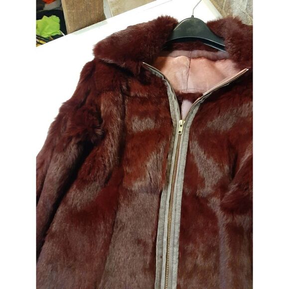 Rabbit Fur Zip Up Coat Deep Red - Picture 2 of 9